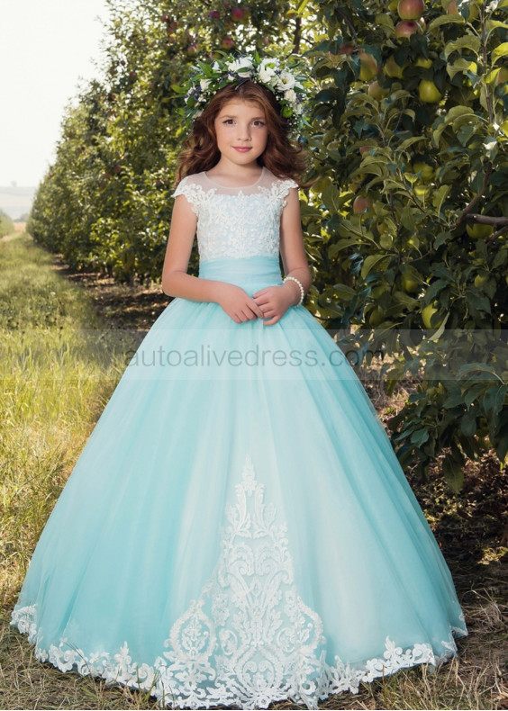 Cap Sleeves Lace Tulle Corset Back Floor Length Flower Girl Dress